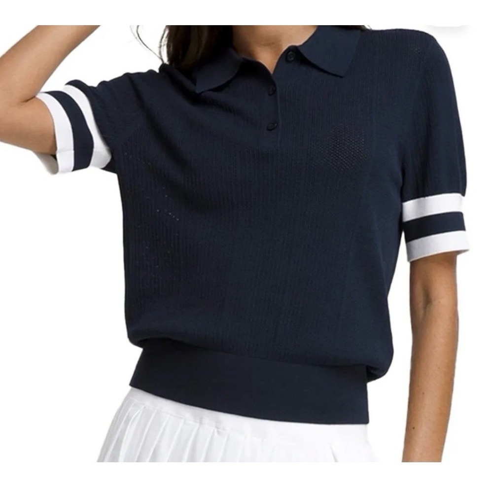 Wilson Women's Navy Ribbed Knit Tennis Essex Polo Striped Sleeve Retro Preppy